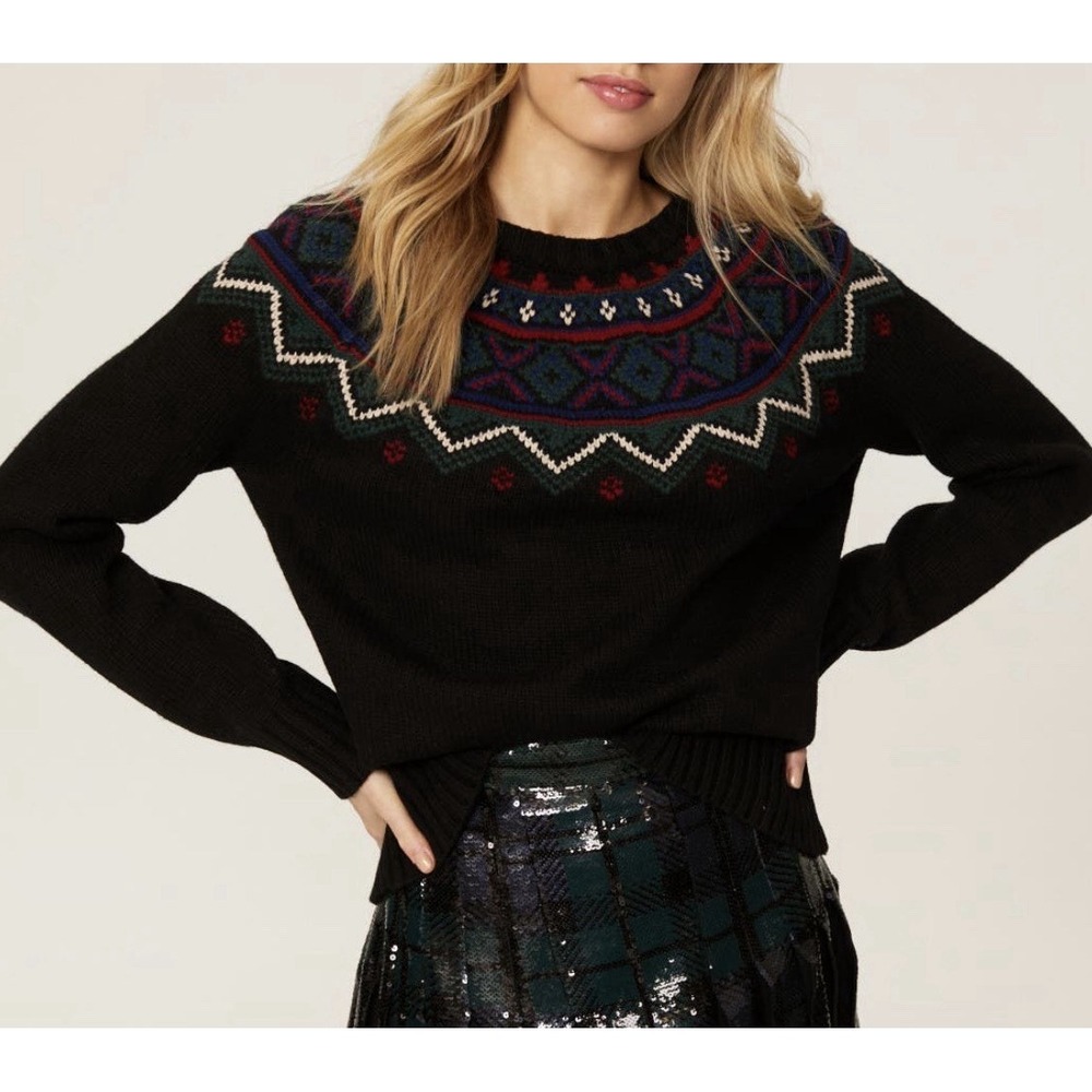 Lauren Ralph Lauren Black Fair Isle‎ Wool Knit Sweater Chunky Holiday Fisherman